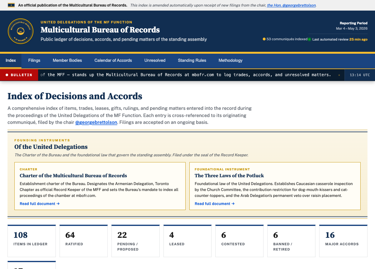 The Multicultural Bureau of Records homepage, with the Bureau seal, navigation, and Founding Instruments hero strip featuring the Charter and the Three Laws of the Potluck