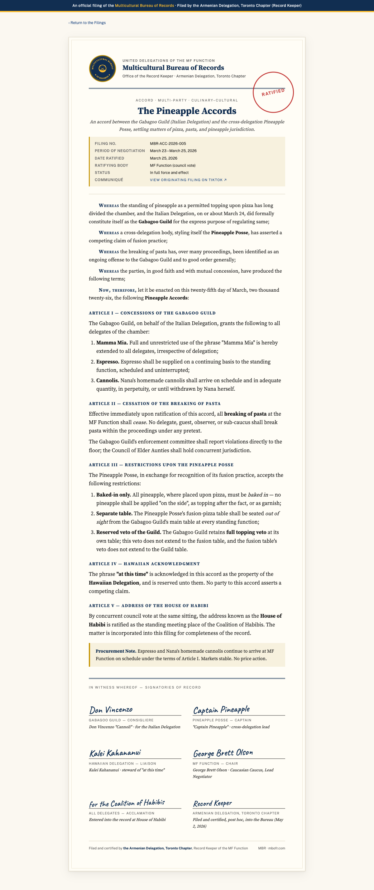 The Pineapple Accords, filed as a full bureaucratic document with seal, RATIFIED stamp, whereas preamble, five articles, and mock cursive signatures from the Gabagoo Guild, the Pineapple Posse, the Hawaiian Delegation, the chair, and the Record Keeper